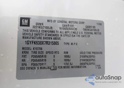 2007 Cadillac Escalade Standard z USA, uszkodzony, nr VIN 1GYFK638X7R315865